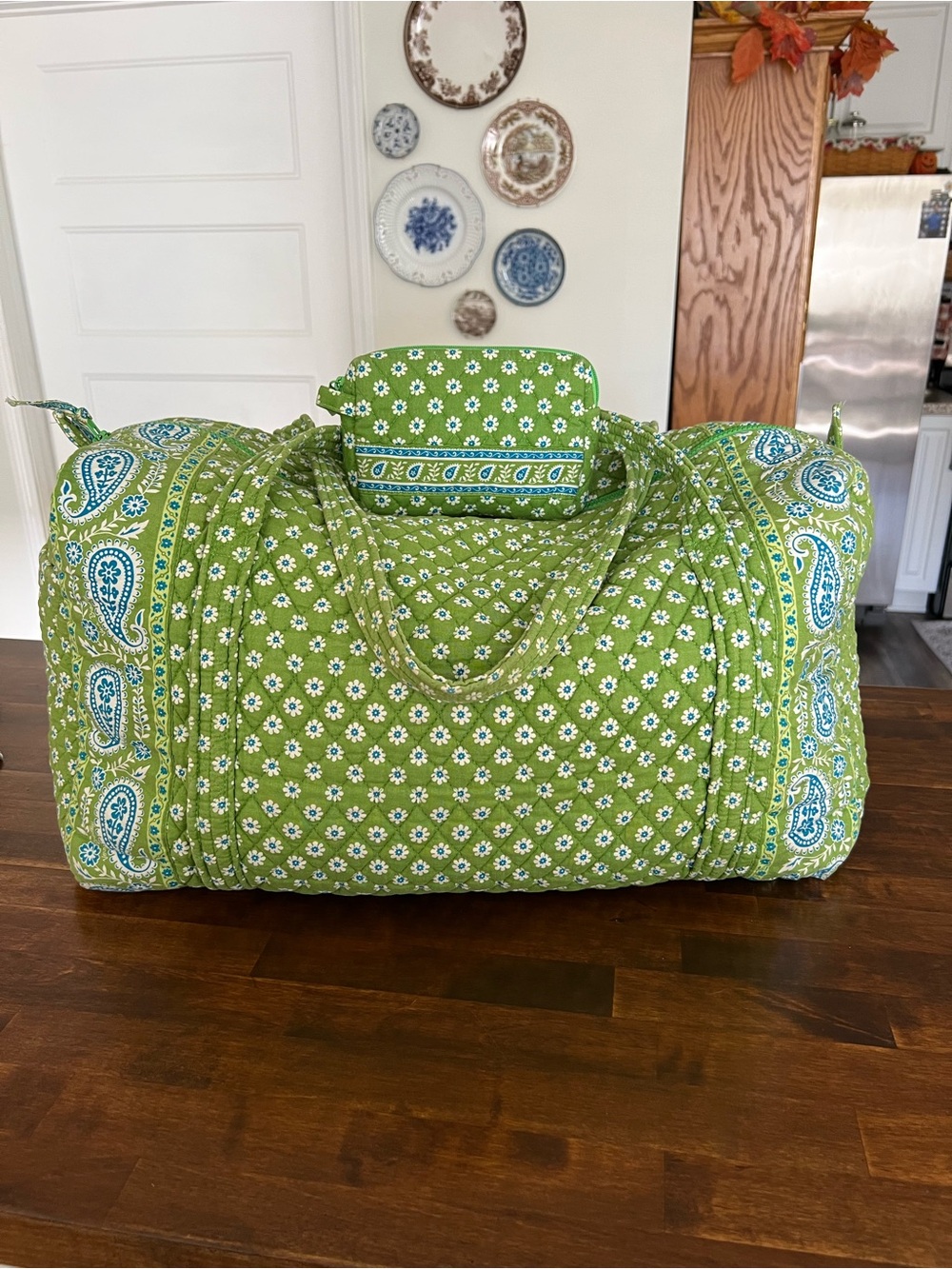 Vera Bradley Vintage Apple Green Duffel & Small Cosmetic Bag